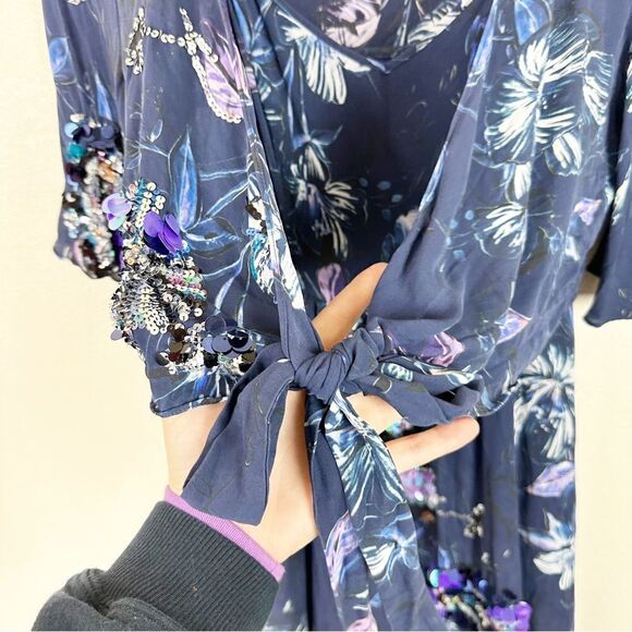 Kobi Halperin Navy Floral Silk Midi Sequin Cocktail Shawl Dress Small - Picture 4 of 10